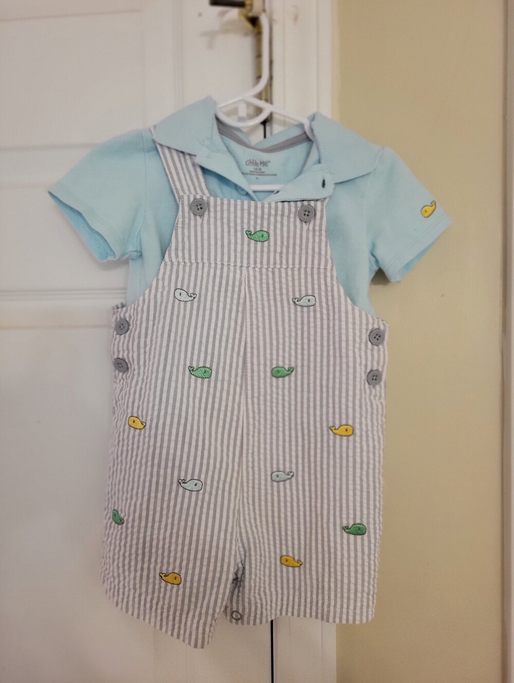 Little Me seersucker whale overalls & shirt size 12 months
